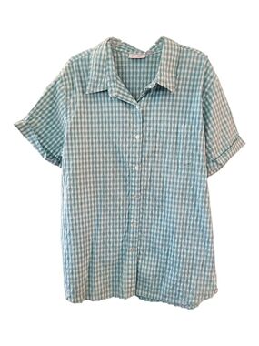 Denim&Co Teal and White Gingham Short-Sleeve Button Front Shirt - Size 3X
